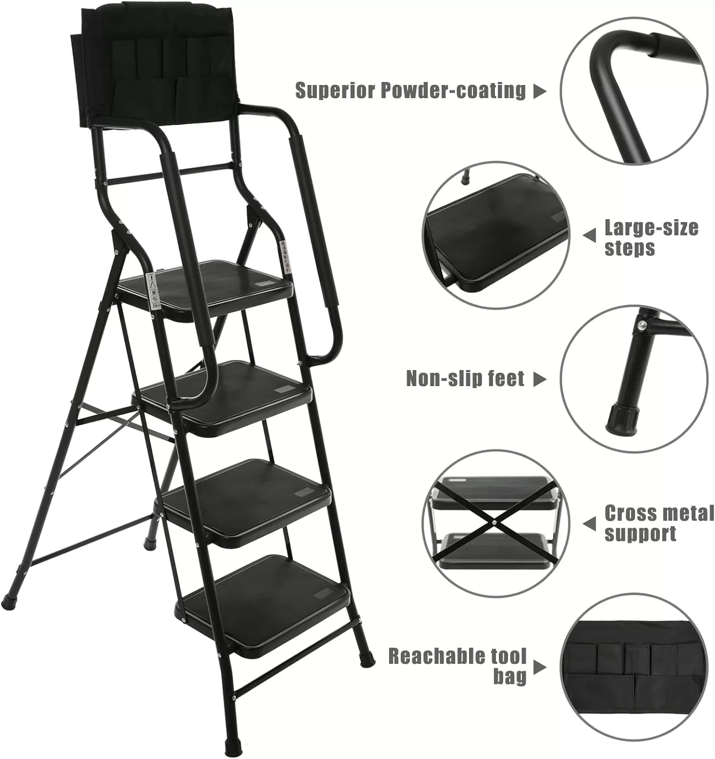 WiberWi 4 Step Ladder with Handrails 500 lb Capacity Step Stool Folding Portable Ladders for Home Kitchen Steel Frame