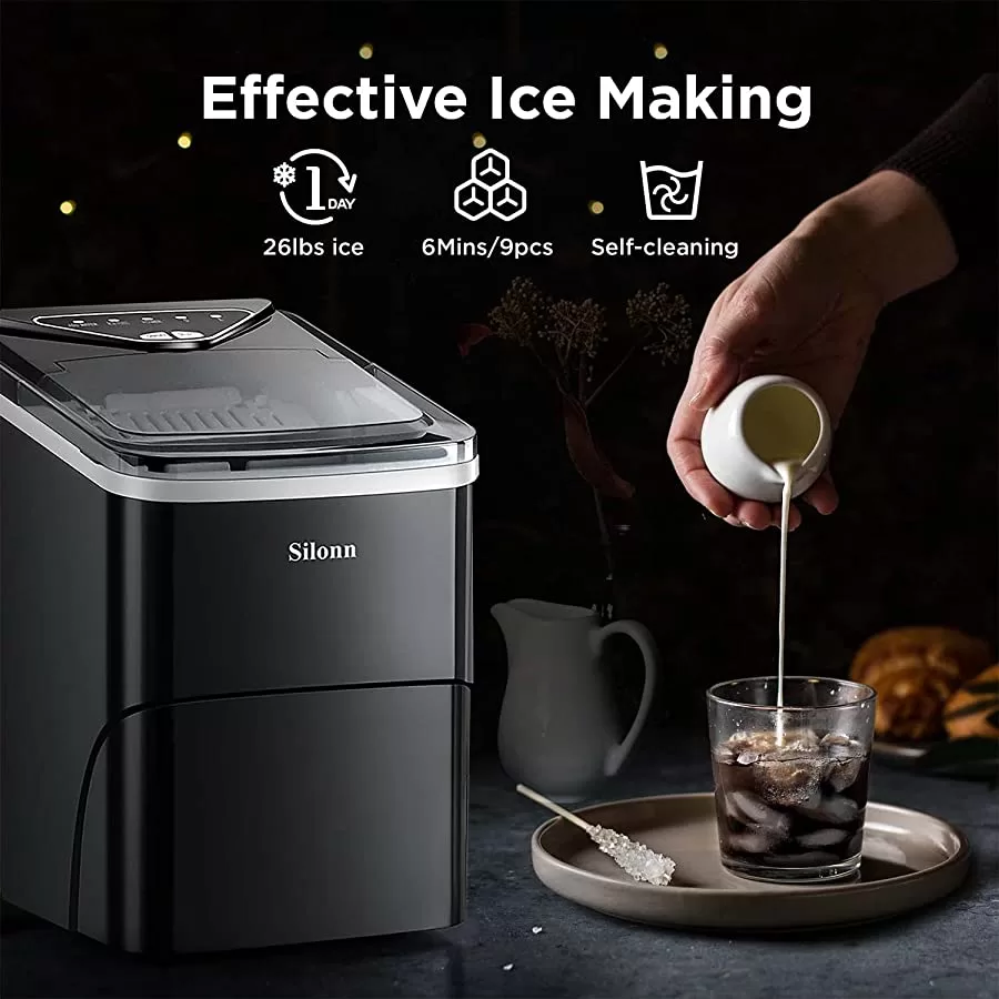 Silonn Ice Makers Countertop, 9 Cubes Ready in 6 Mins, 26lbs in 24Hrs