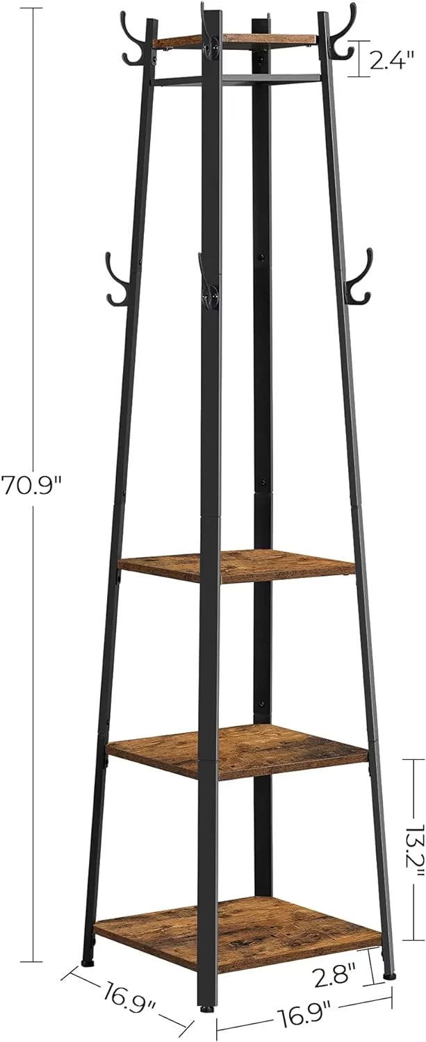 VASAGLE ALINRU Coat Rack with 3 Shelves, Stand with Hooks