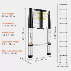 VEVOR Telescoping Ladder, 12.5 FT Aluminum One-Button Retraction Collapsible Extension Ladder