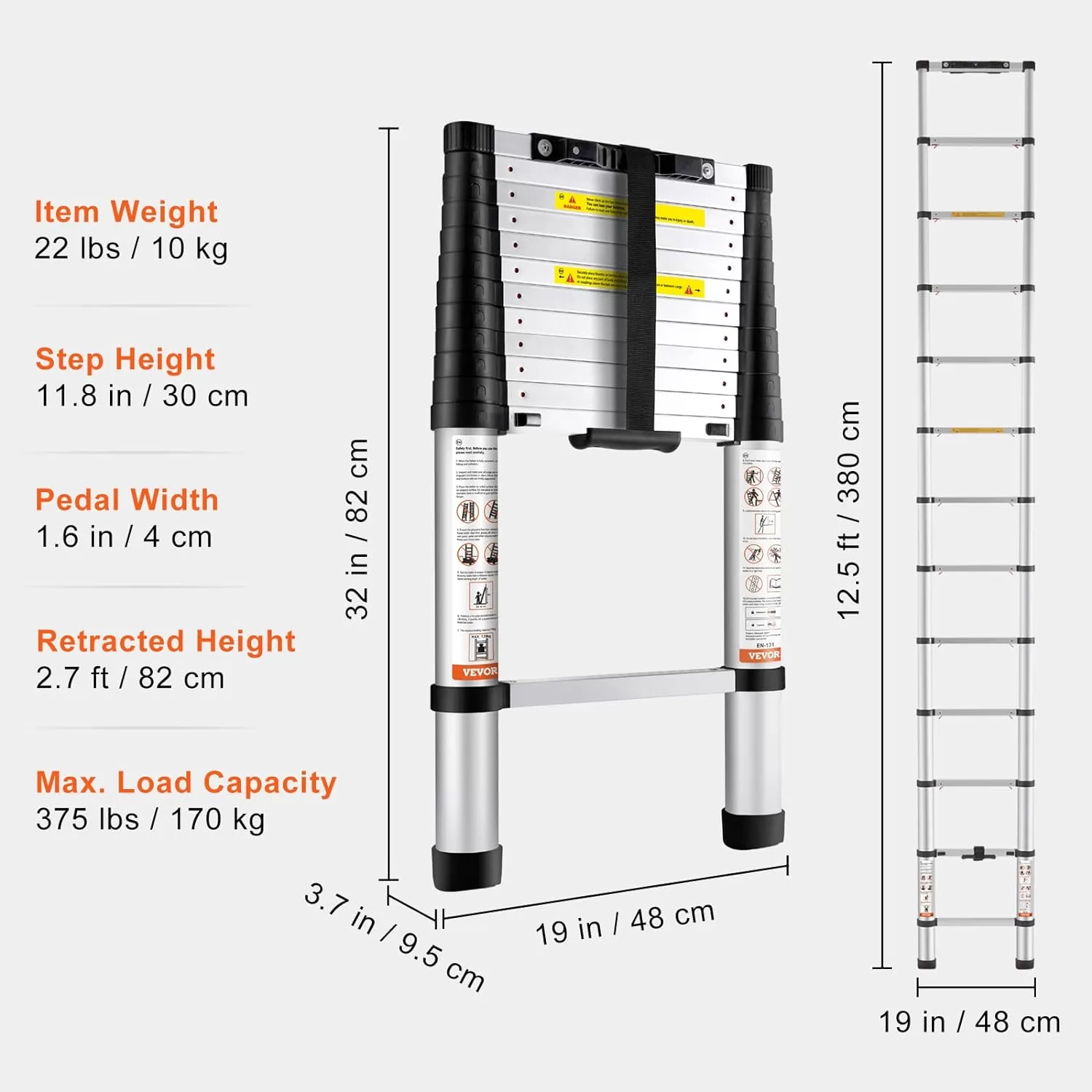 VEVOR Telescoping Ladder, 12.5 FT Aluminum One-Button Retraction Collapsible Extension Ladder