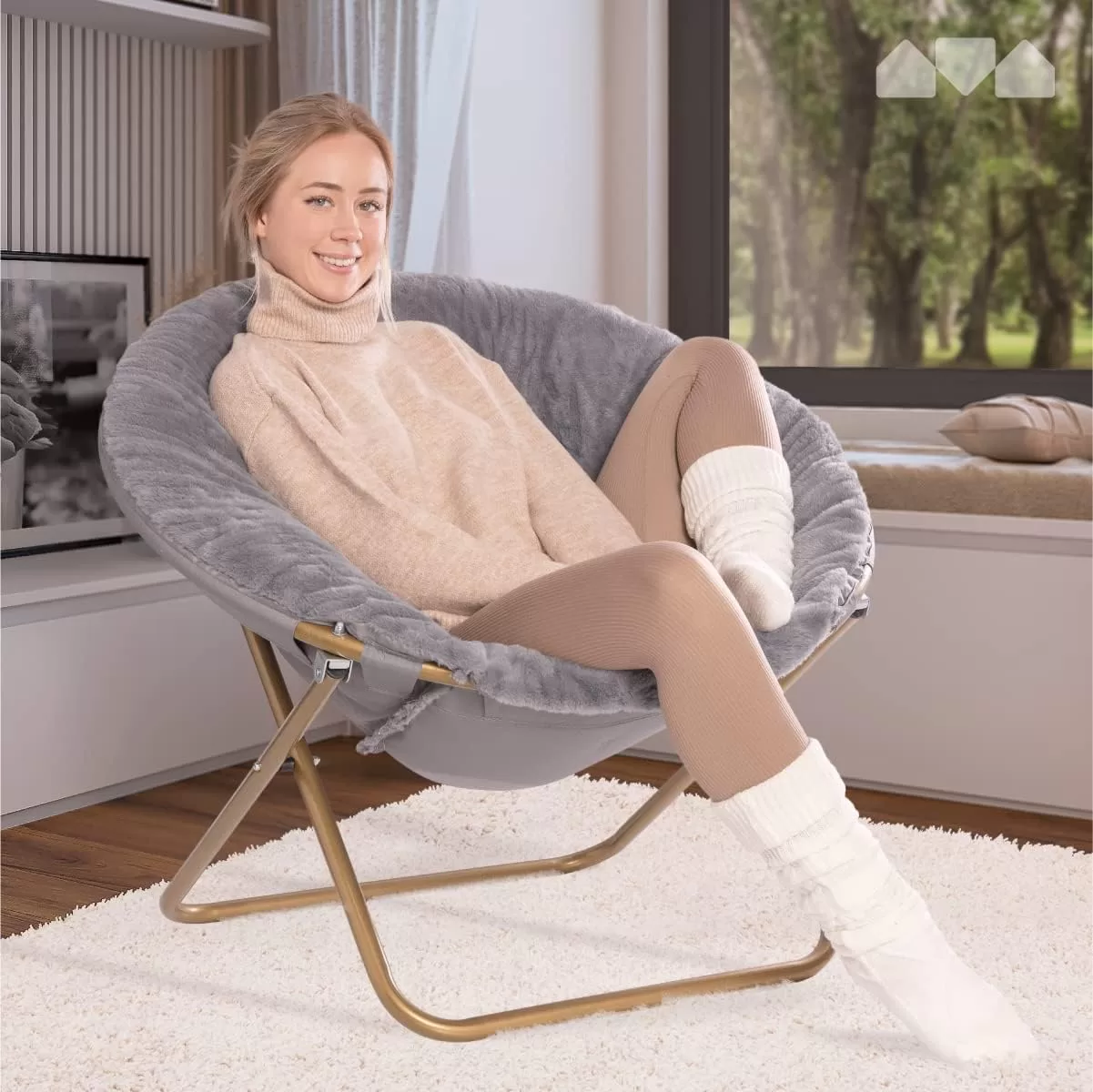 Milliard Cozy Chair/Faux Fur Saucer Chair for Bedroom/X-Large,25D x 38W x 34H in (Grey)