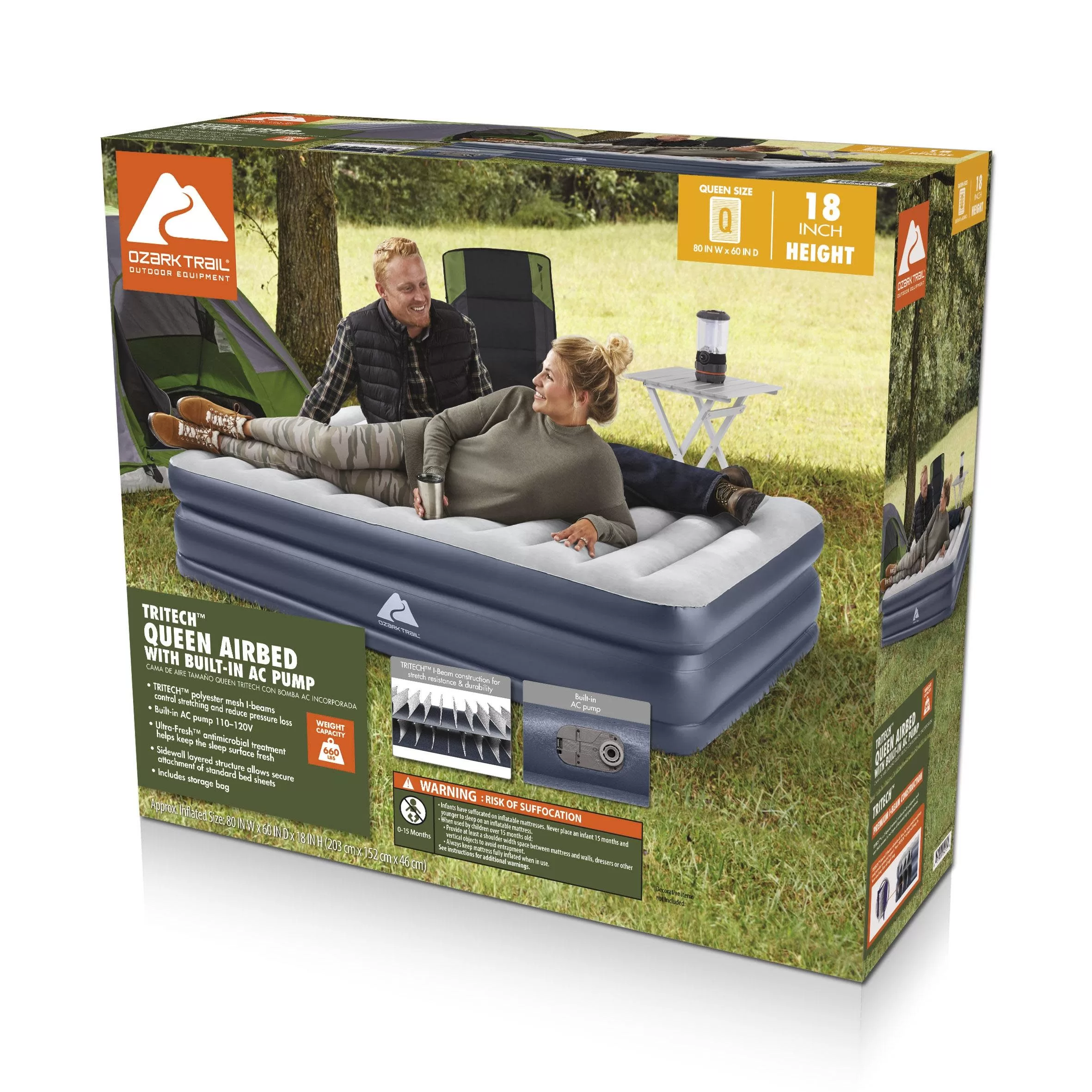 Ozark Trail Tritech QuadComfort 18" Air Mattress Antimicrobial Coating with Built-in AC Pump, Queen