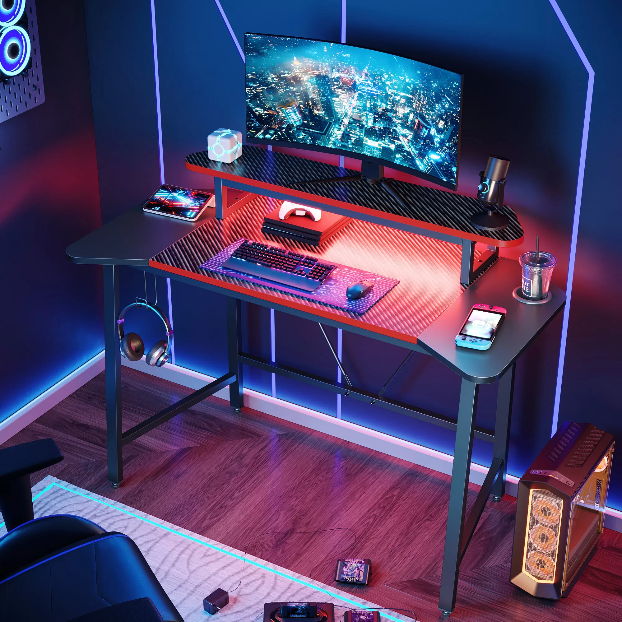 Bestier 50.3" Gaming Desk Computer Office Table with LED Lights & Monitor Stand, Carbon Fiber