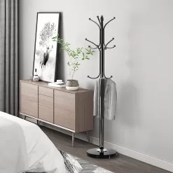 Kertnic Metal Coat Rack Stand with Natural Marble Base, Free Standing Hall Tree with 12 Hooks (Black)