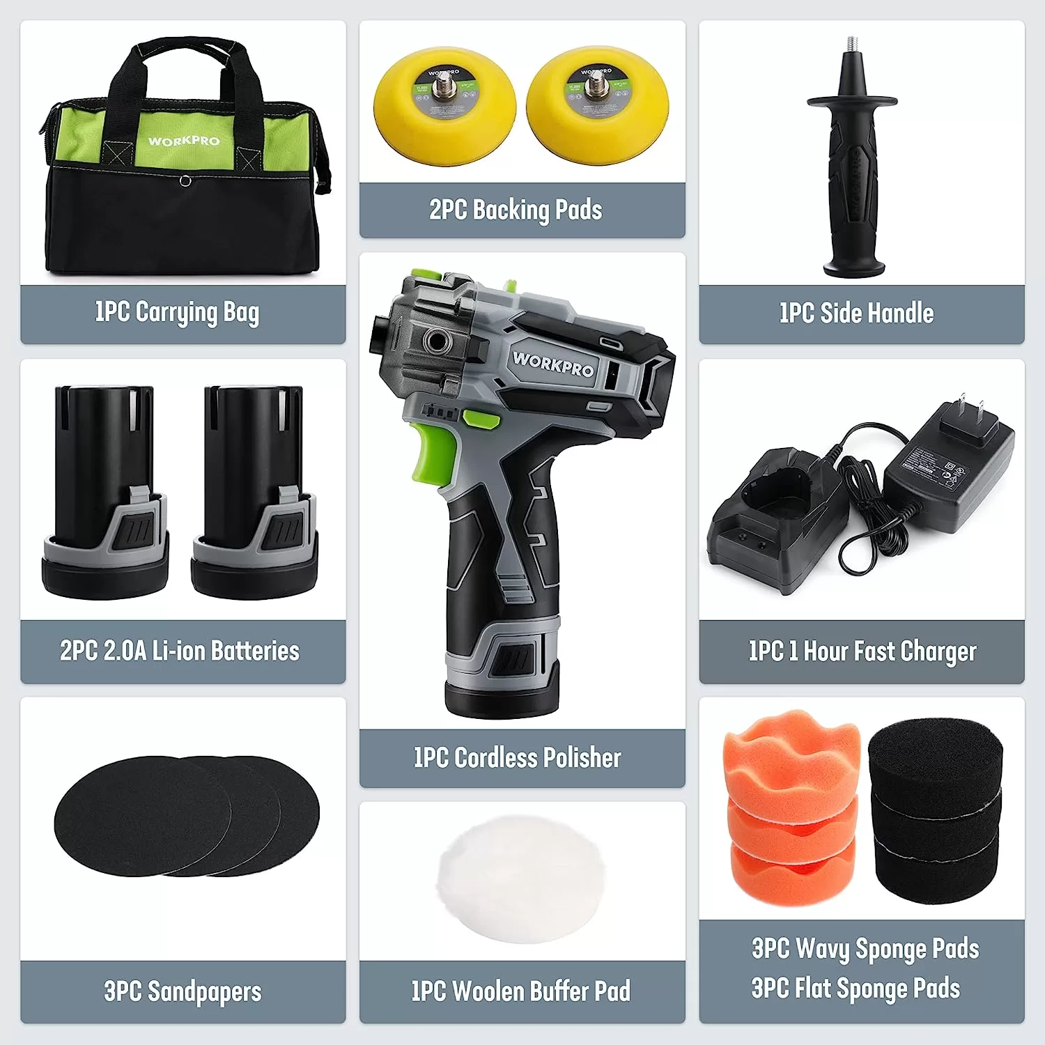 WORKPRO 12V Cordless Polisher, 3" Mini Car Detailing Buffer & Sander Machine Kit