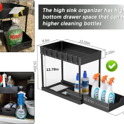 2 Pack Under Sink Organizers and Storage, 2-Tier Sliding Cabinet Basket Organizer with Hooks