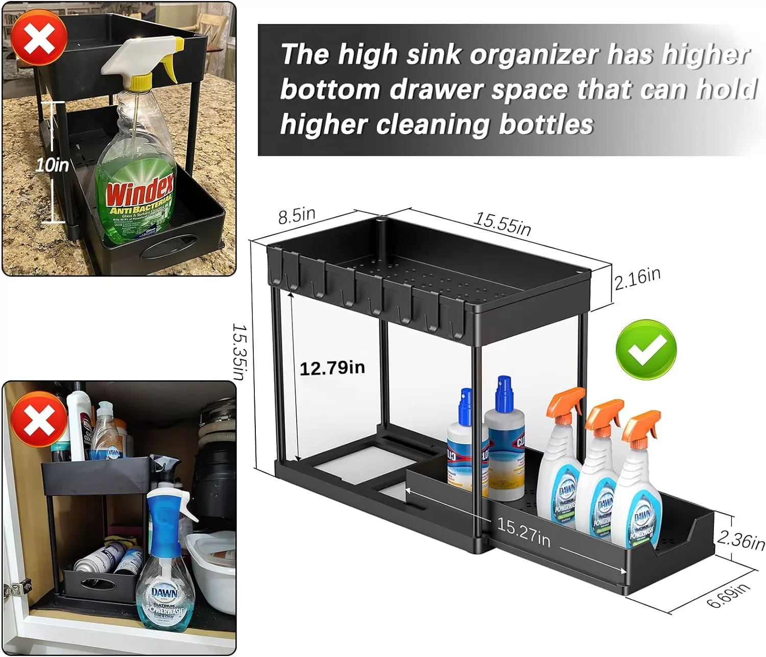 2 Pack Under Sink Organizers and Storage, 2-Tier Sliding Cabinet Basket Organizer with Hooks
