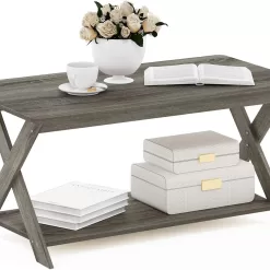 Furinno Modern Simplistic Criss-Crossed Coffee Table, 35.4 in x 19.6 in x 16 in, French Oak Grey