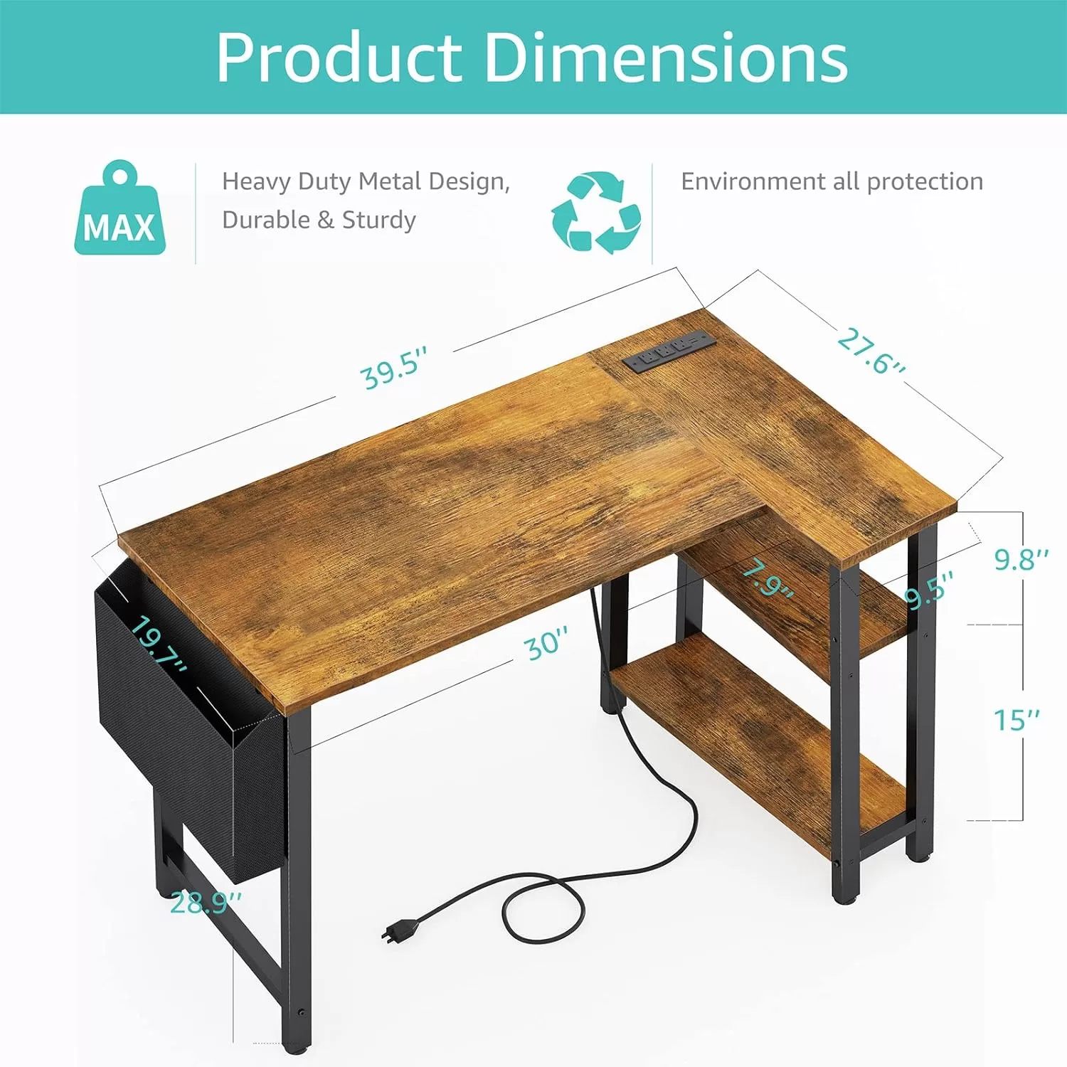Lufeiya Small L Shaped Desk with Power Outlet Shelves, 40 Inch Corner Desk for Small Space Home Office, Rustic Brown