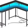 SUPERJARE L Shaped Gaming Desk with Power Outlets & LED Lights, Computer Desk, Black