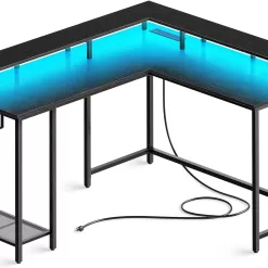SUPERJARE L Shaped Gaming Desk with Power Outlets & LED Lights, Computer Desk, Black