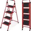 KINGRACK Folding Step Ladder 4 Steps Stool,Heavy-Duty Sturdy Safety Steel Tall Step Stool Ladders, Red