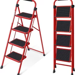 KINGRACK Folding Step Ladder 4 Steps Stool,Heavy-Duty Sturdy Safety Steel Tall Step Stool Ladders, Red