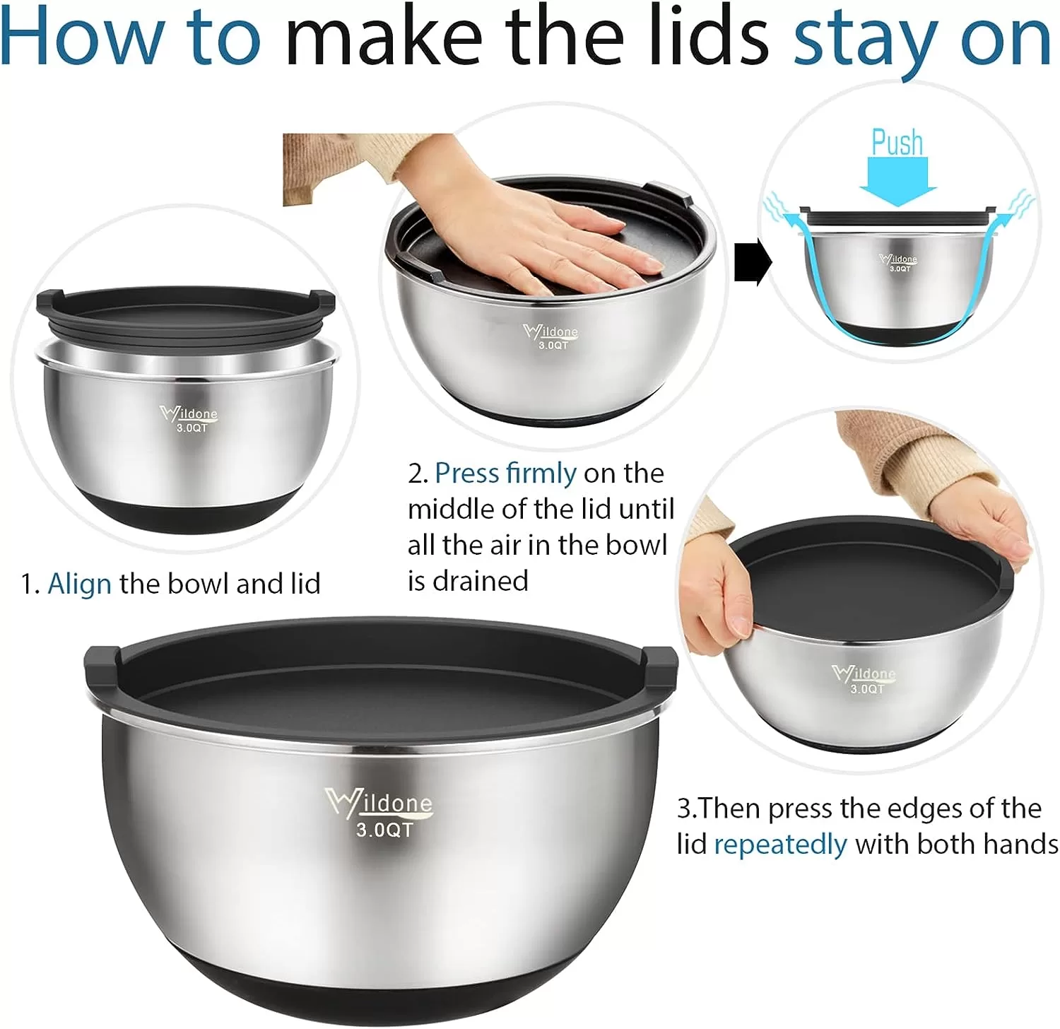 Wildone Mixing Bowls with Airtight Lids, Stainless Steel Nesting Mixing Bowls Set of 5