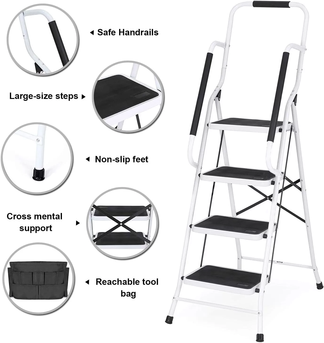EdMaxwell 4 Step Ladder with Handrails 500 lb Capacity Step Stool Folding Portable Ladders