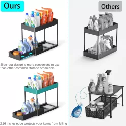 2 Pack Under Sink Organizers and Storage, 2-Tier Sliding Cabinet Basket Organizer with Hooks