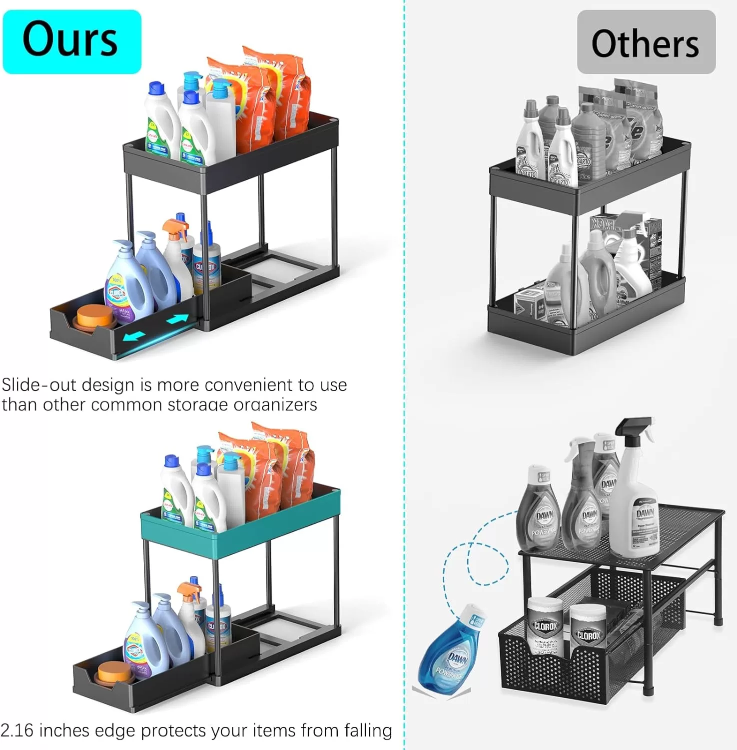 2 Pack Under Sink Organizers and Storage, 2-Tier Sliding Cabinet Basket Organizer with Hooks