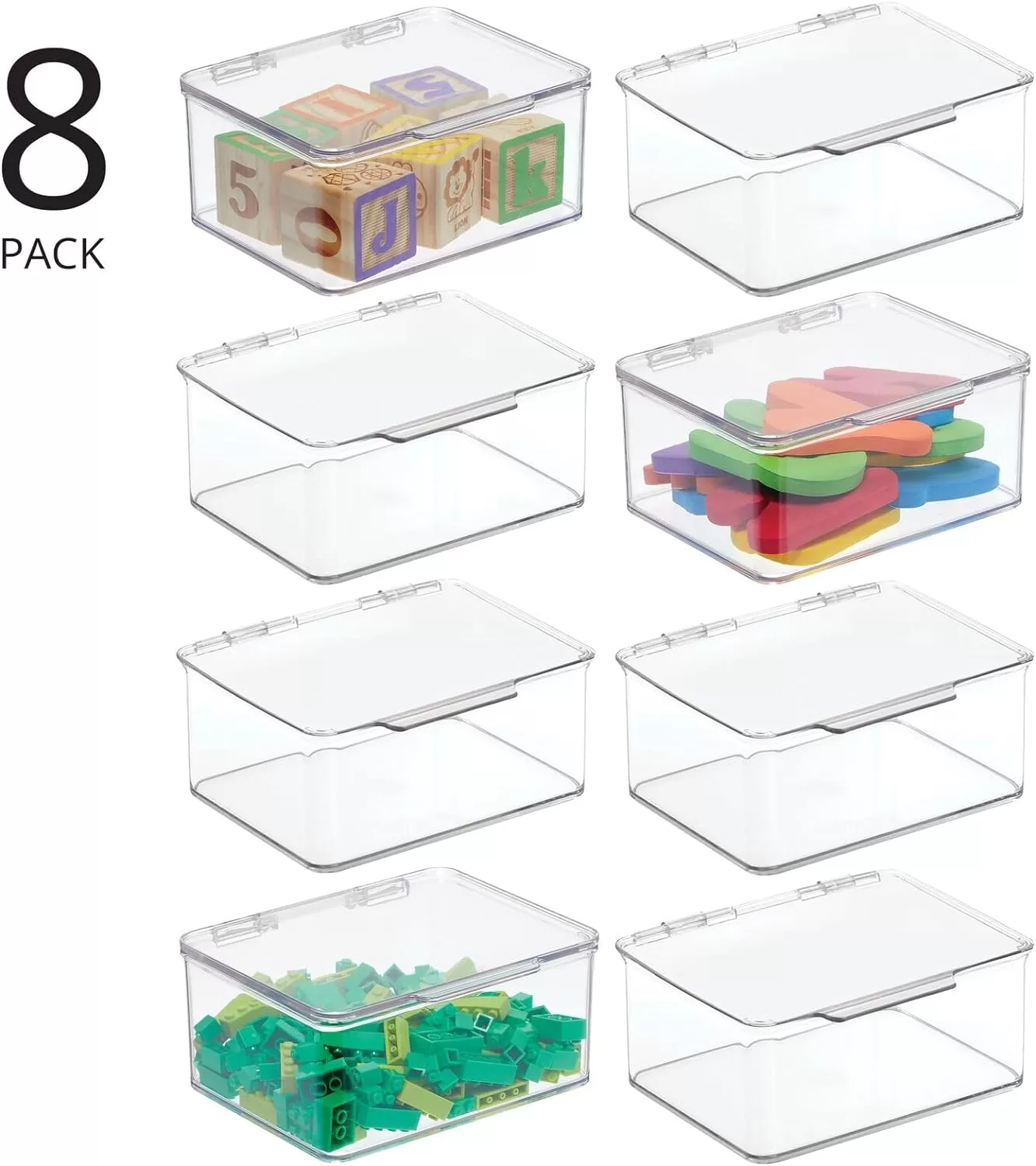 mDesign Plastic Playroom/Gaming Storage Organizer Box Containers, Hinged Lid for Shelves or Cubby, 8 Pack, Clear