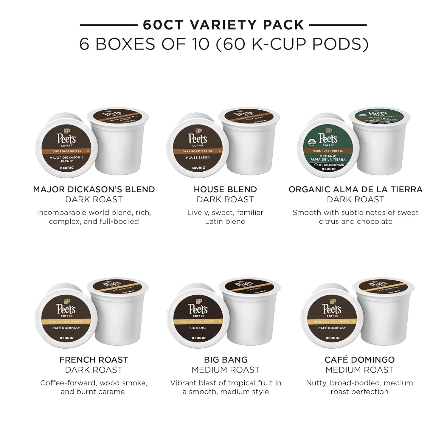 Peet's Coffee, Bestseller's Variety Pack Keurig Coffee Pods, House Blend 60 Count (6 Boxes of 10 K-Cup Pods)