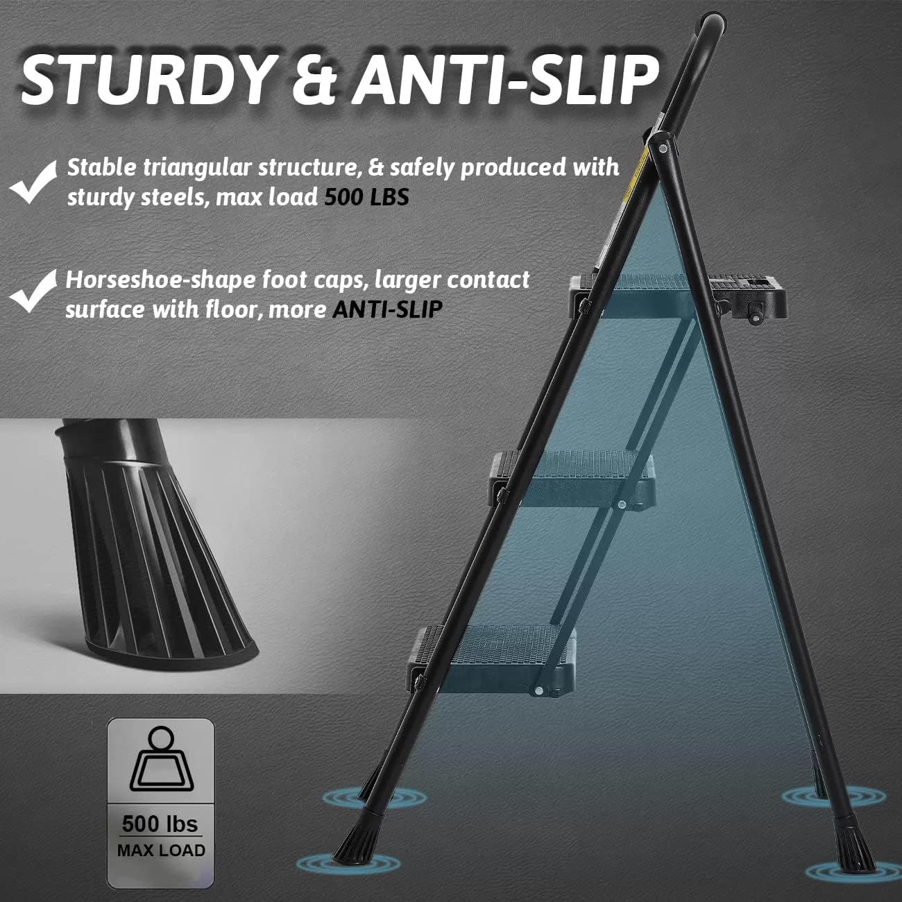 Step Ladder 3 Step Folding with Handgrip, 500Lbs Steel Step Stool, Folding Ladder with Anti-Slip Wide Pedals