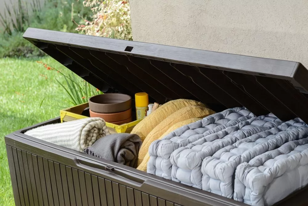 Keter Springwood 80 Gallon Resin Outdoor Storage Box, Brown