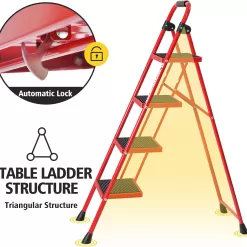 KINGRACK Folding Step Ladder 4 Steps Stool,Heavy-Duty Sturdy Safety Steel Tall Step Stool Ladders, Red