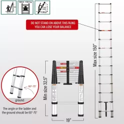 Yvan Telescoping Ladder,12.5 FT One Button Retraction Aluminum Telescopic Extension Extendable Ladder, 250 Lb Capacity