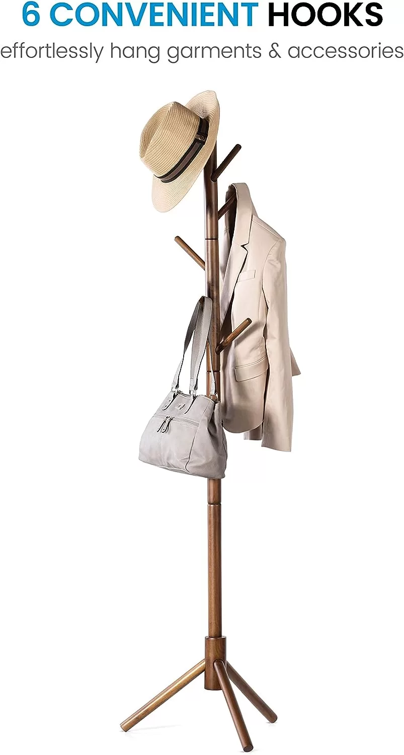 ZOBER Coat Rack Free Standing - Wooden Coat Tree W/ 6 Hooks - Coats, Purses, Hats - Adjustable Sizes, Easy Assembly - Vintage
