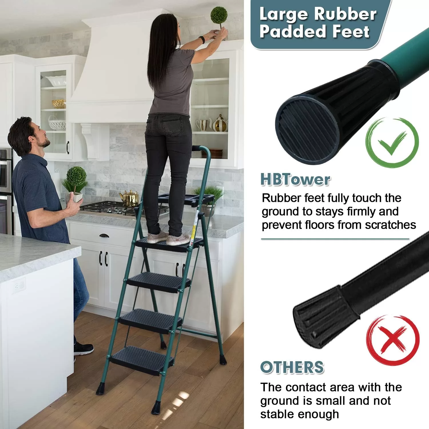 4 Step Ladder, HBTower Folding Step Stool with Tool Platform, Wide Anti-Slip Pedal