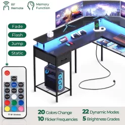 Huuger L Shaped Desk Gaming Desk with LED Lights & Power Outlets- Black