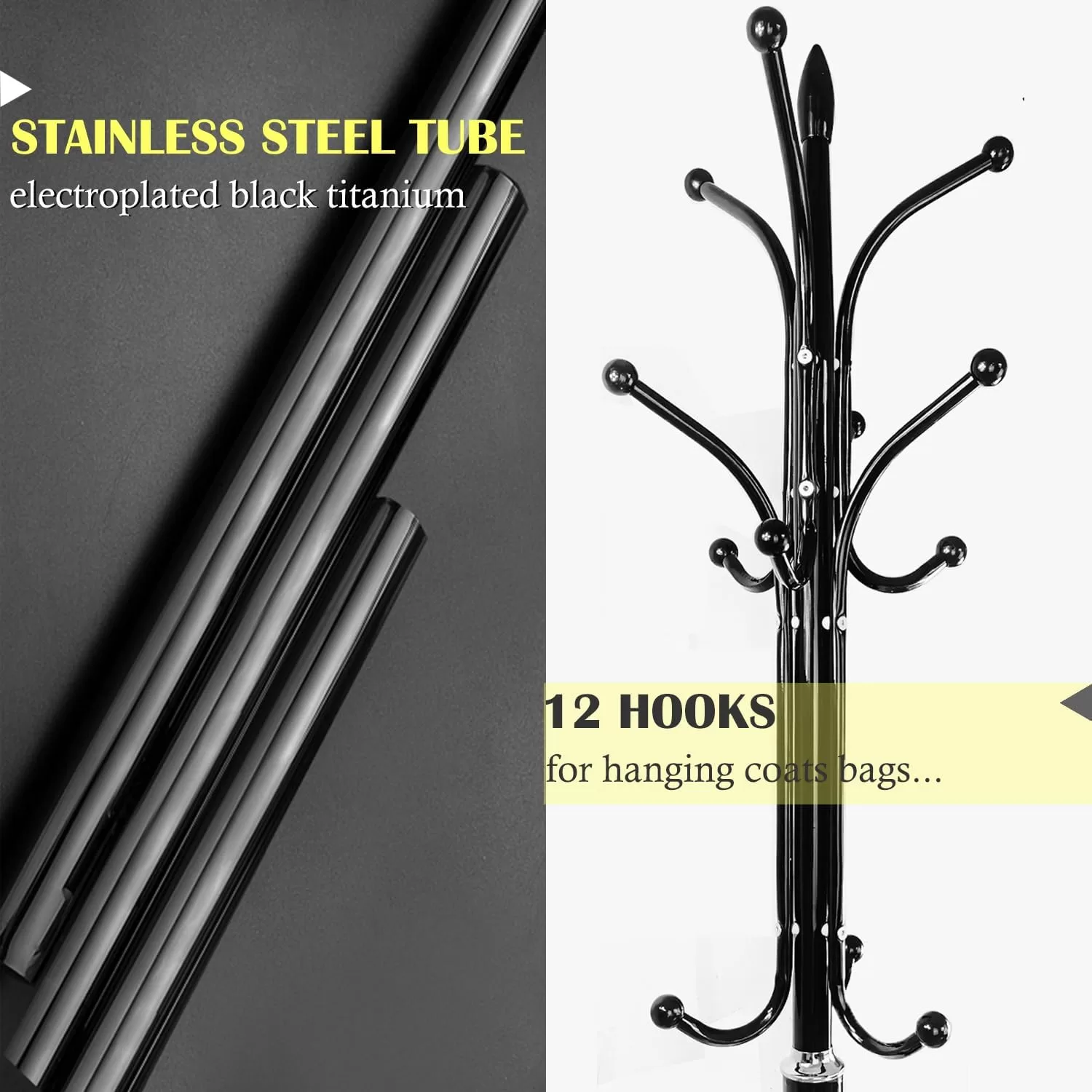 Kertnic Metal Coat Rack Stand with Natural Marble Base, Free Standing Hall Tree with 12 Hooks (Black)