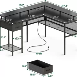 Huuger L Shaped Desk Gaming Desk with LED Lights & Power Outlets- Black