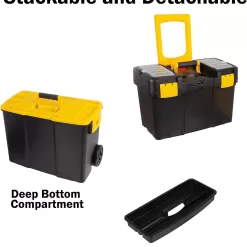 Portable Tool Box with Wheels - Stackable 2-in-1 Tool Chest with Fold-Down Comfort Handles