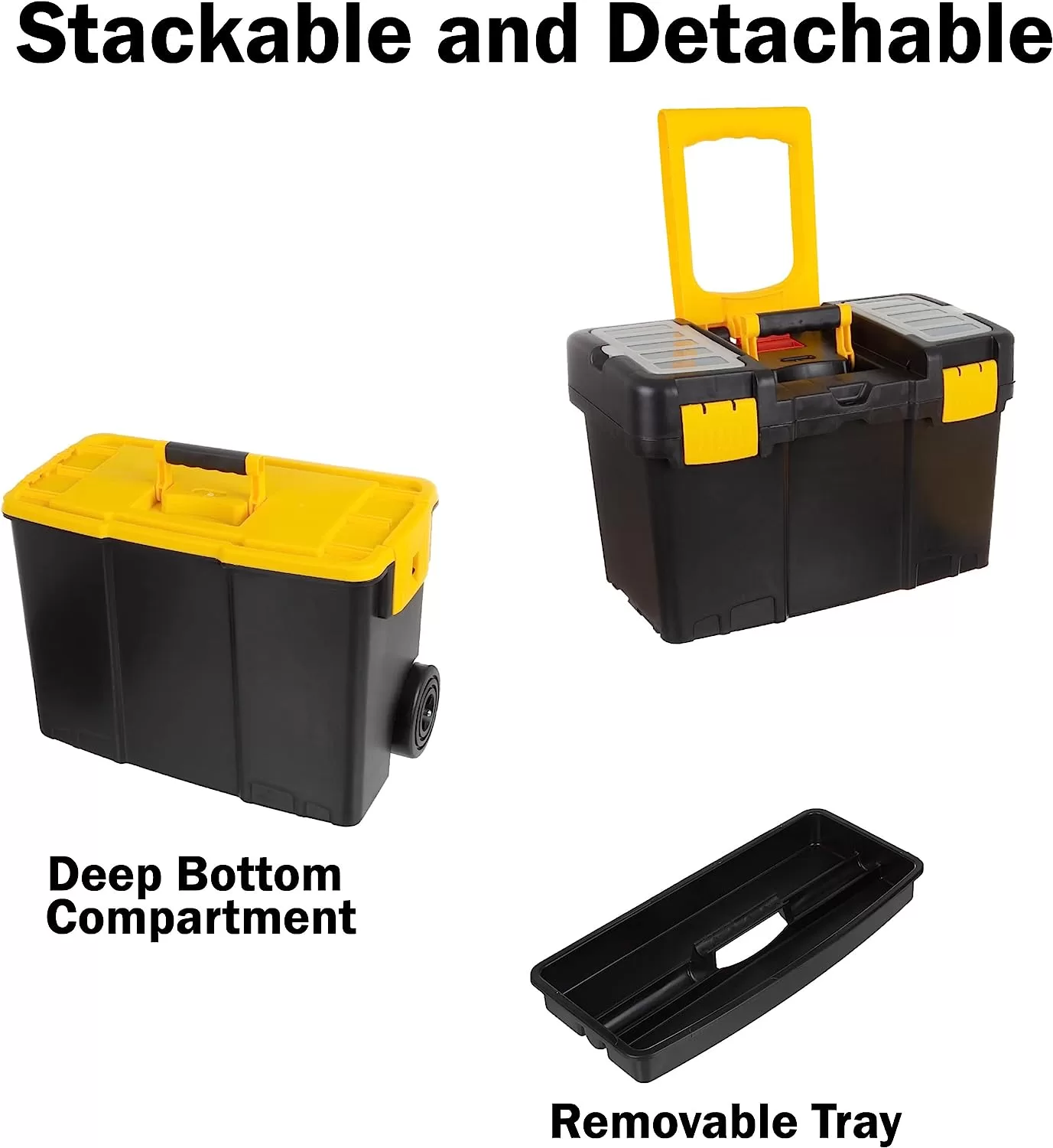 Portable Tool Box with Wheels - Stackable 2-in-1 Tool Chest with Fold-Down Comfort Handles
