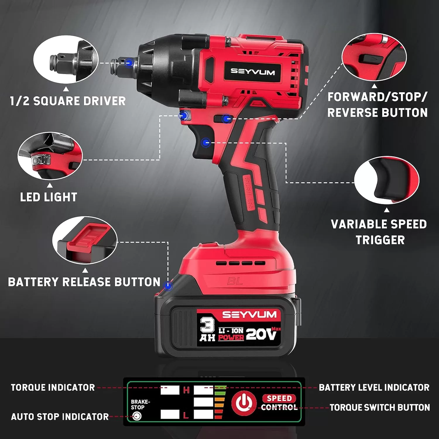 SEYVUM Impact Wrench,1/2" Impact Gun, Power Impact Driver Max Torque 320 Ft-lbs (430N.m)