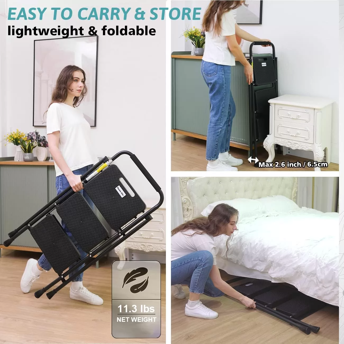 Step Ladder 3 Step Folding with Handgrip, 500Lbs Steel Step Stool, Folding Ladder with Anti-Slip Wide Pedals