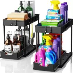 2 Pack Under Sink Organizers and Storage, 2-Tier Sliding Cabinet Basket Organizer with Hooks