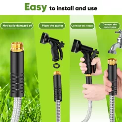 Metal Garden Hose 100FT, Stainless Steel Heavy Duty Water Hose With 10 Function Nozzle