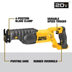 DEWALT 20V MAX Reciprocating Saw, 3,000 Strokes Per Minute, Variable Speed Trigger, Bare Tool Only (DCS380B), Black/Clear
