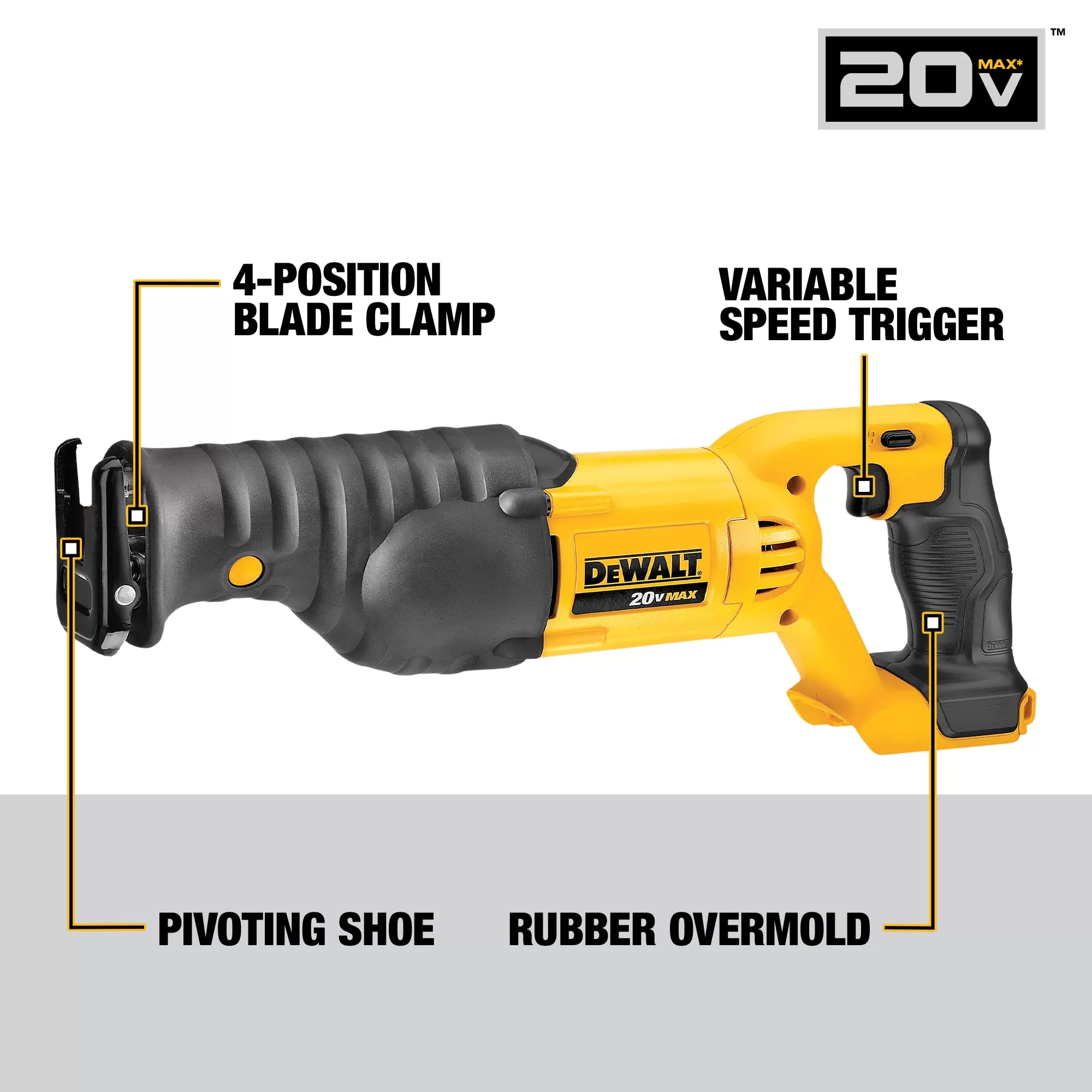 DEWALT 20V MAX Reciprocating Saw, 3,000 Strokes Per Minute, Variable Speed Trigger, Bare Tool Only (DCS380B), Black/Clear