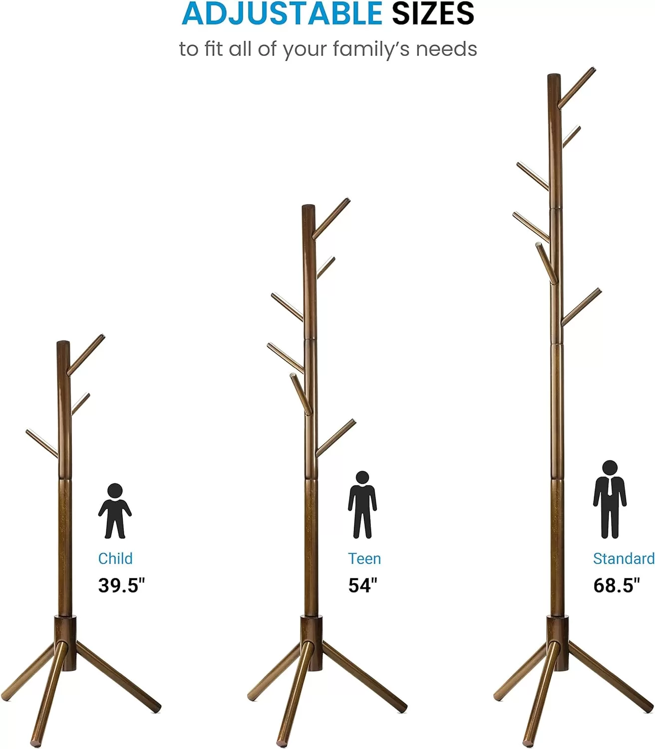 ZOBER Coat Rack Free Standing - Wooden Coat Tree W/ 6 Hooks - Coats, Purses, Hats - Adjustable Sizes, Easy Assembly - Vintage