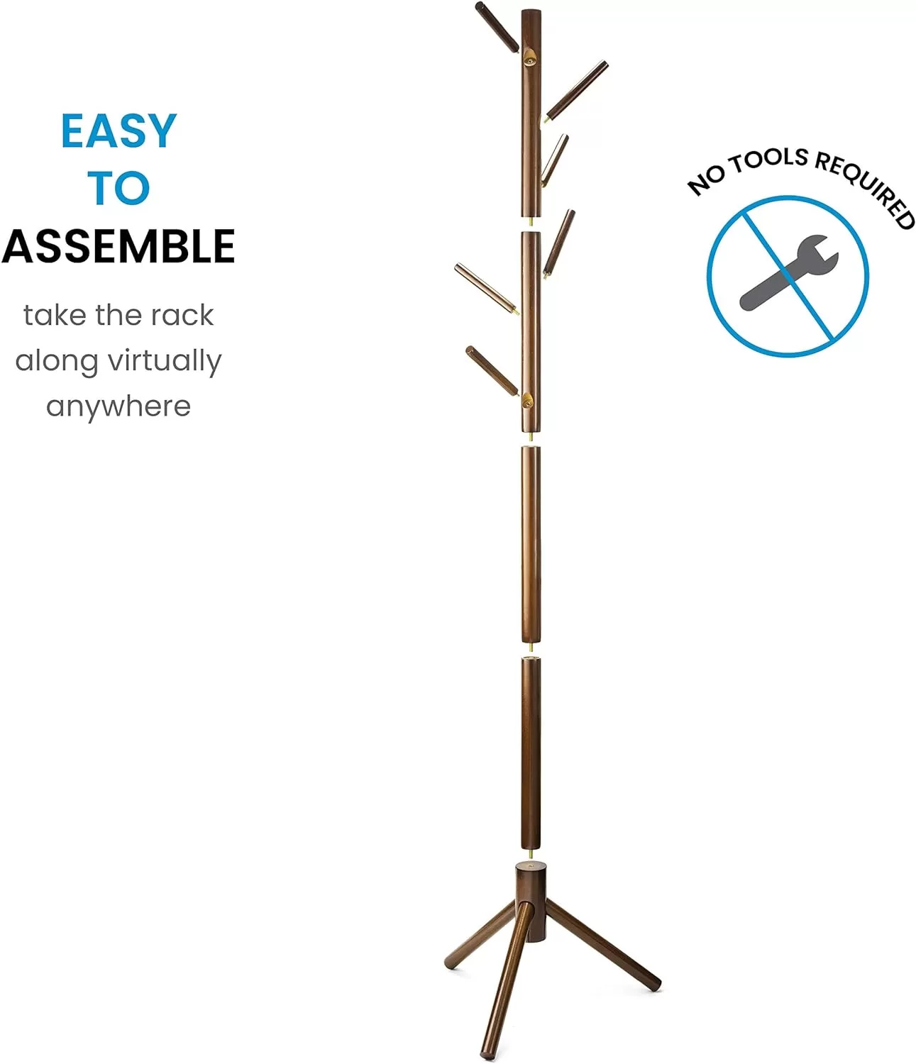 ZOBER Coat Rack Free Standing - Wooden Coat Tree W/ 6 Hooks - Coats, Purses, Hats - Adjustable Sizes, Easy Assembly - Vintage