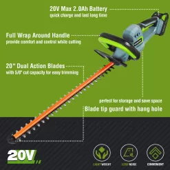 WORKPRO 20V Cordless Hedge Trimmer, 2.0Ah Battery 1 Hour Quick Charger Included