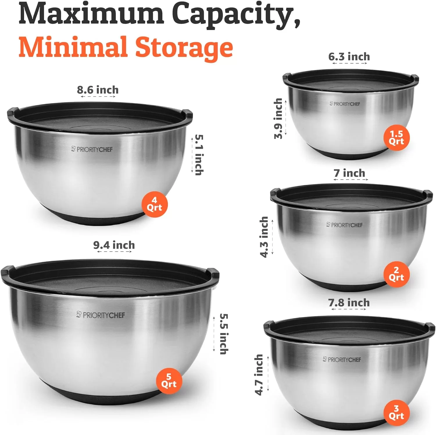 Priority Chef Premium Mixing Bowls With Airtight Lids Set, Thicker Stainless Steel Mixing Bowl Set, Black