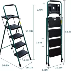 4 Step Ladder, HBTower Folding Step Stool with Tool Platform, Wide Anti-Slip Pedal