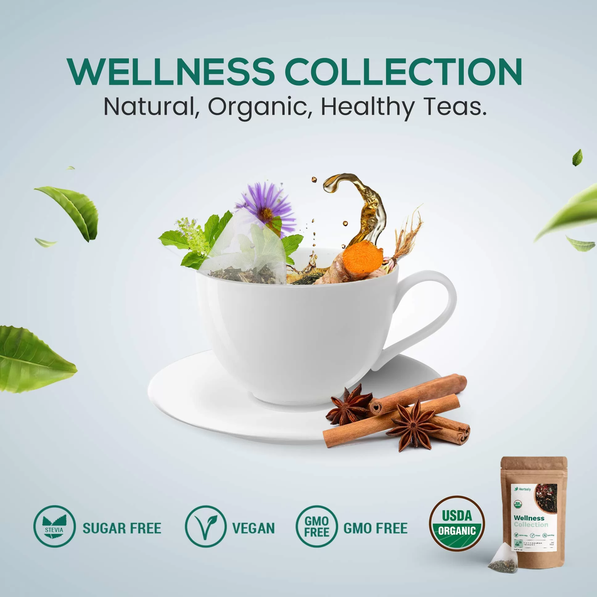 Herbaly Wellness Collection Organic Herbal Ginger Tea, 70 g, 28 Count Bag (Pack of 1)