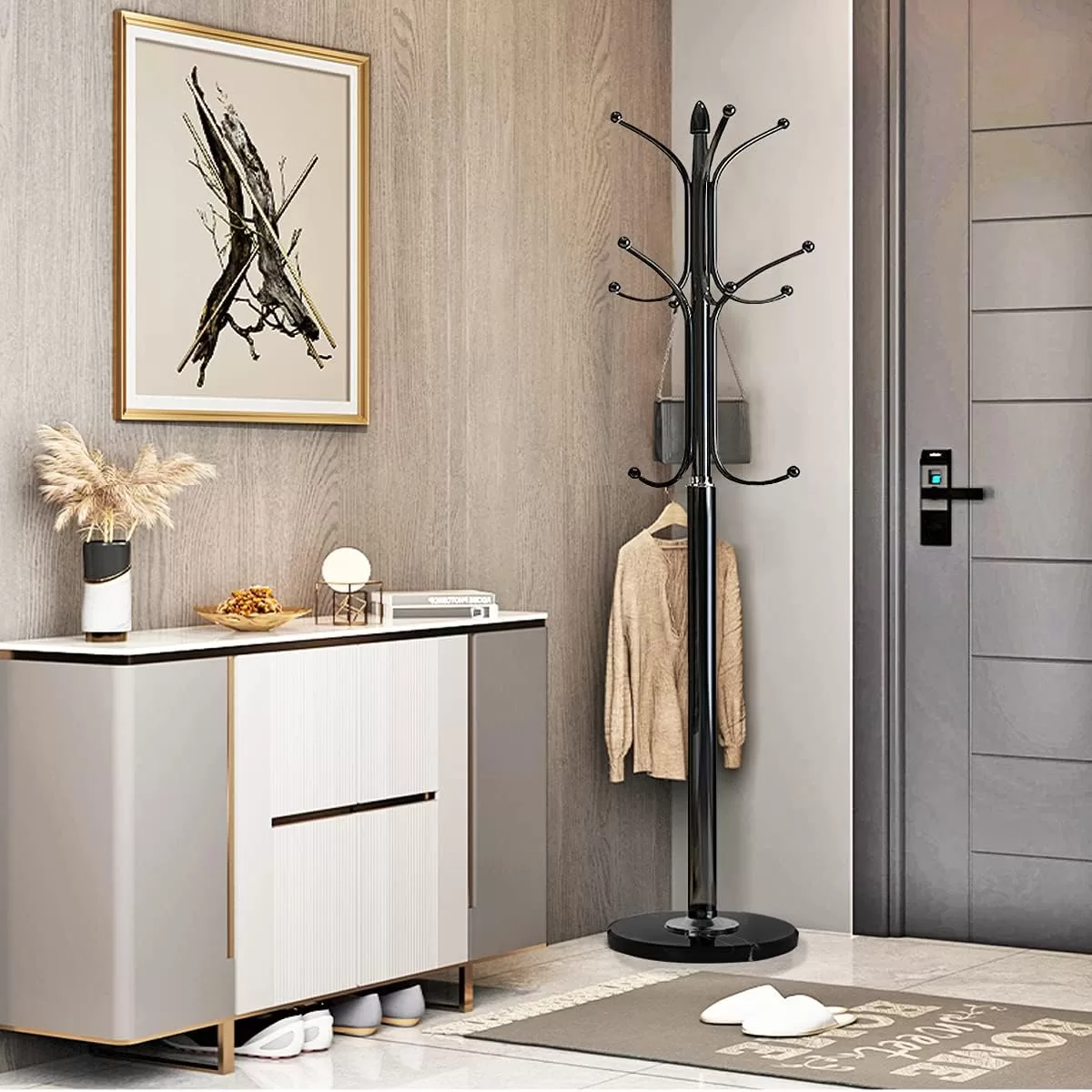 Kertnic Metal Coat Rack Stand with Natural Marble Base, Free Standing Hall Tree with 12 Hooks (Black)