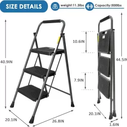 3 Step Ladder, GOLYTON Folding Step Stool with Anti-Slip Wide Pedal & Convenient Handgrip, Grey