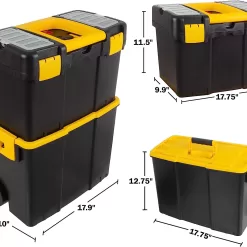 Portable Tool Box with Wheels - Stackable 2-in-1 Tool Chest with Fold-Down Comfort Handles